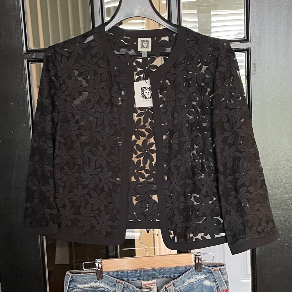 NWT Anne Klein - Sheer Mesh Lace Cardigan - Size 12 Black